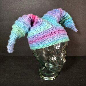 Handmade FaeFoolery Wool Crochet Cosplay Hat Cap Pastel Rainbow Stripes NEW